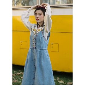 Vintage style denim dress with embroidered trim and embroidered top